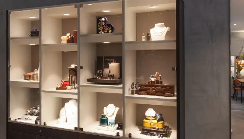Verlichte vitrinekast met sieraden en horloges